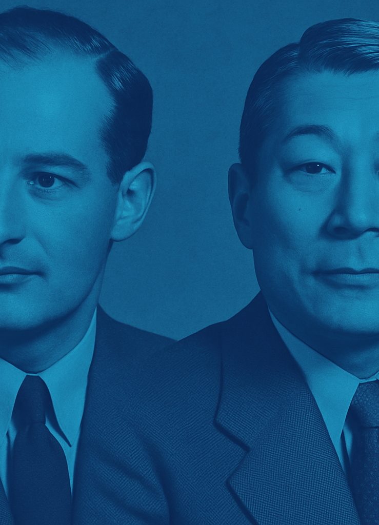 Two men in formal attire, side by side, with a blue overlay effect.