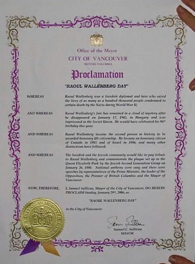 Official proclamation from the City of Vancouver with a gold seal and purple ribbon.